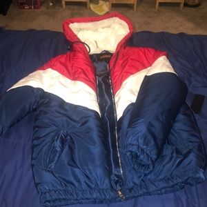 Red, navy. and white jacket